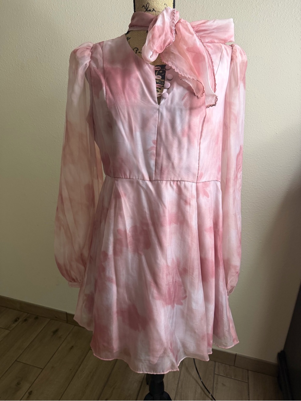 LinenDot Pink Floral Tie-Neck Mini Dress | Size L | Romantic Cottagecore